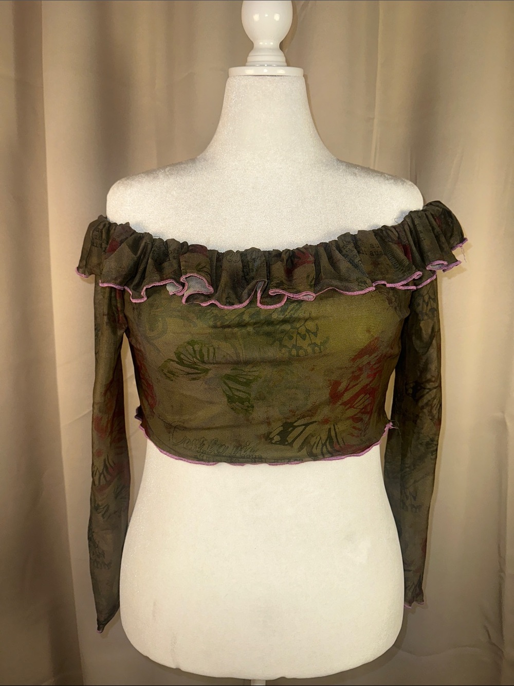 Olive Green Off-Shoulder Floral Mesh Crop Top with Purple Trim